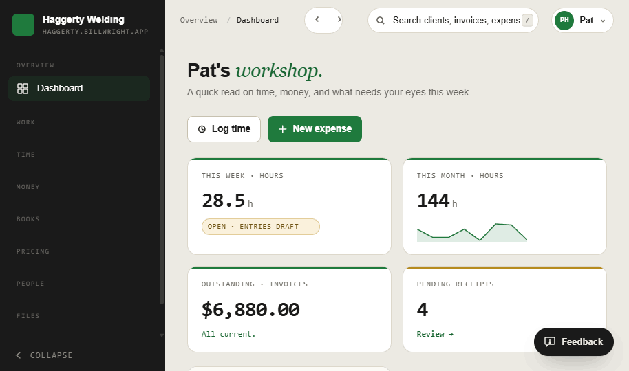 The billWright dashboard — this week's hours, this month's hours with a sparkline, outstanding invoices, and pending receipts.