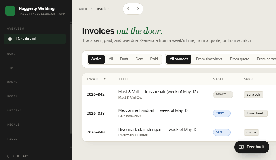 The Invoices screen showing invoices filtered by state and source, each tagged with where it came from — timesheet, quote, or scratch.