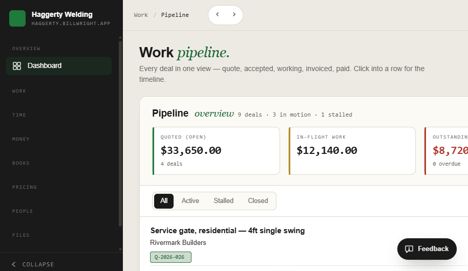 The Pipeline screen: $33,650 quoted, $12,140 in-flight, outstanding receivables, and a filterable list of deals.