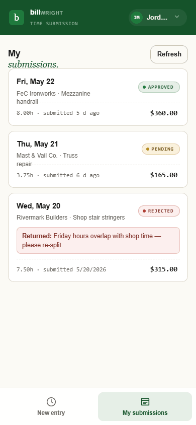 The crew punch app: a list of day submissions with Approved, Pending and Rejected status pills, hours and amounts.