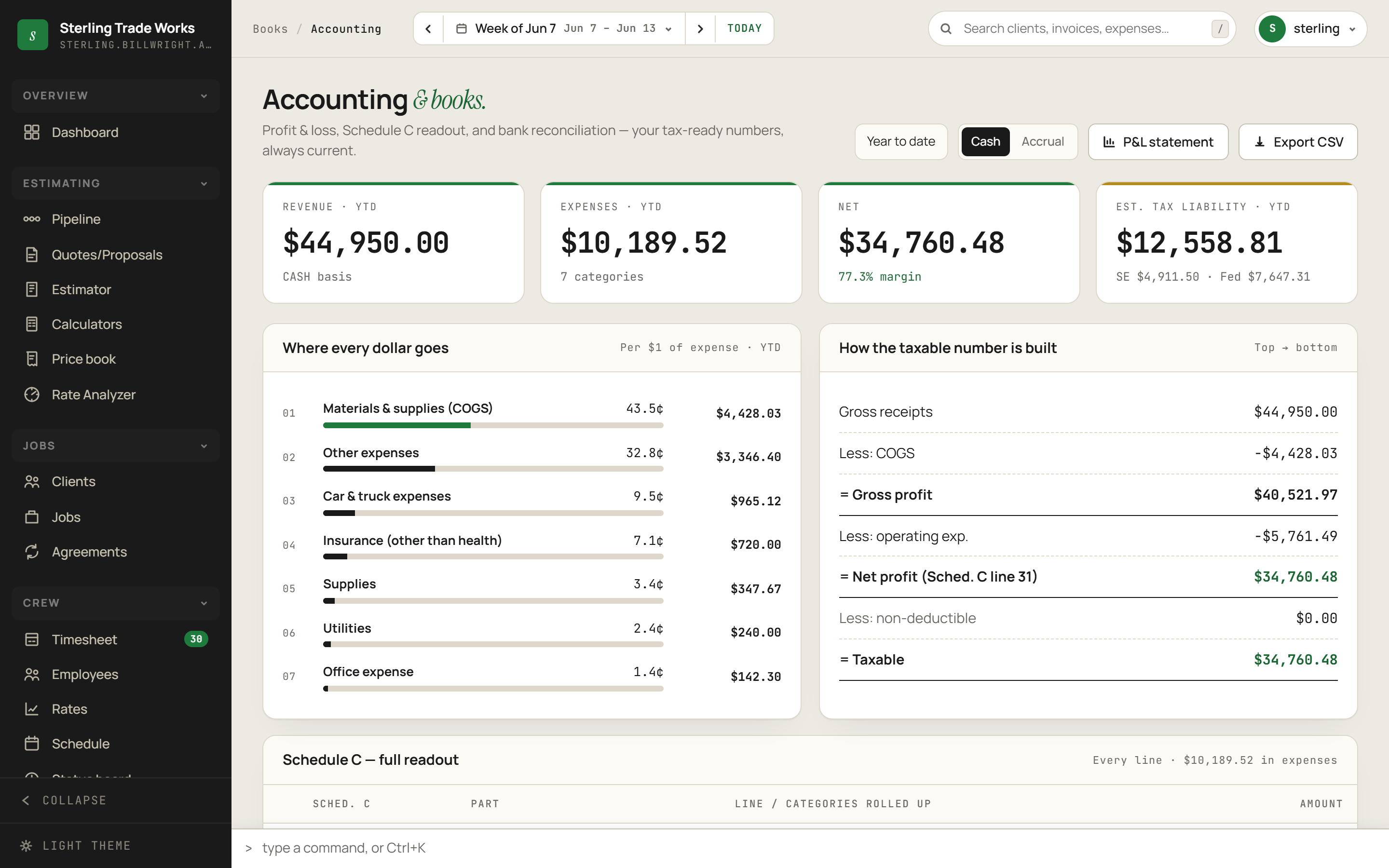 Accounting screen in billWright
