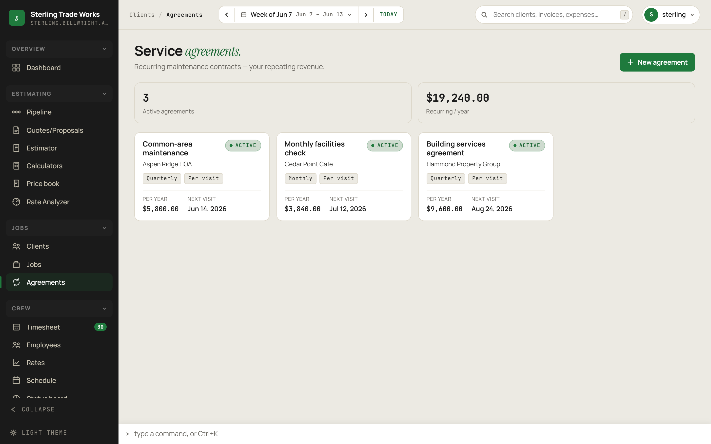 Agreements screen in billWright