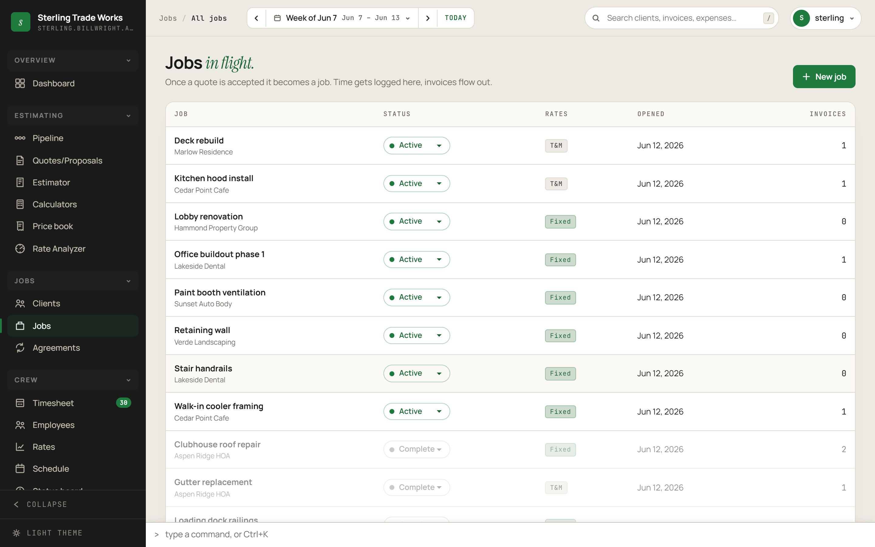 All Jobs screen in billWright