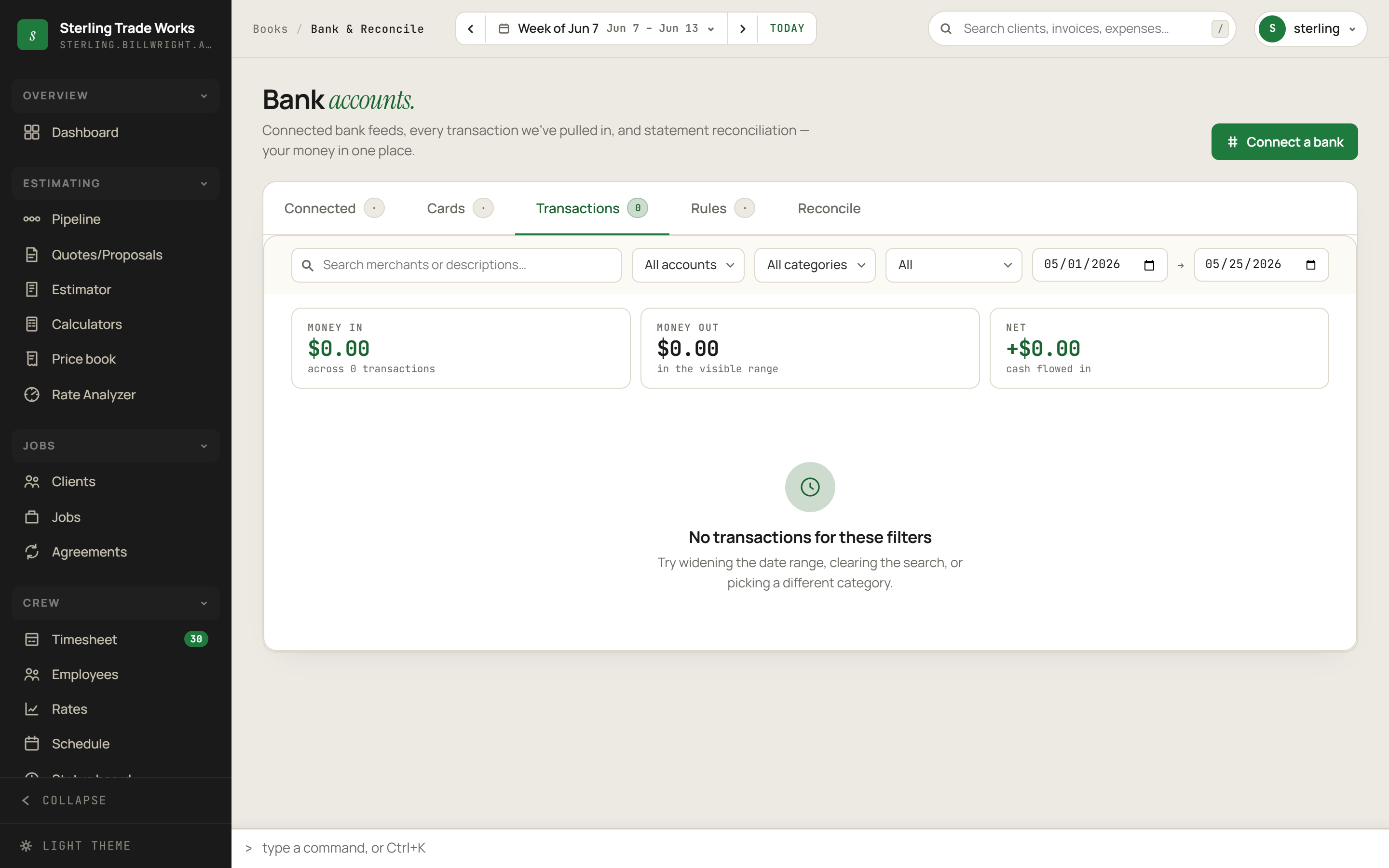 Bank & Reconcile screen in billWright
