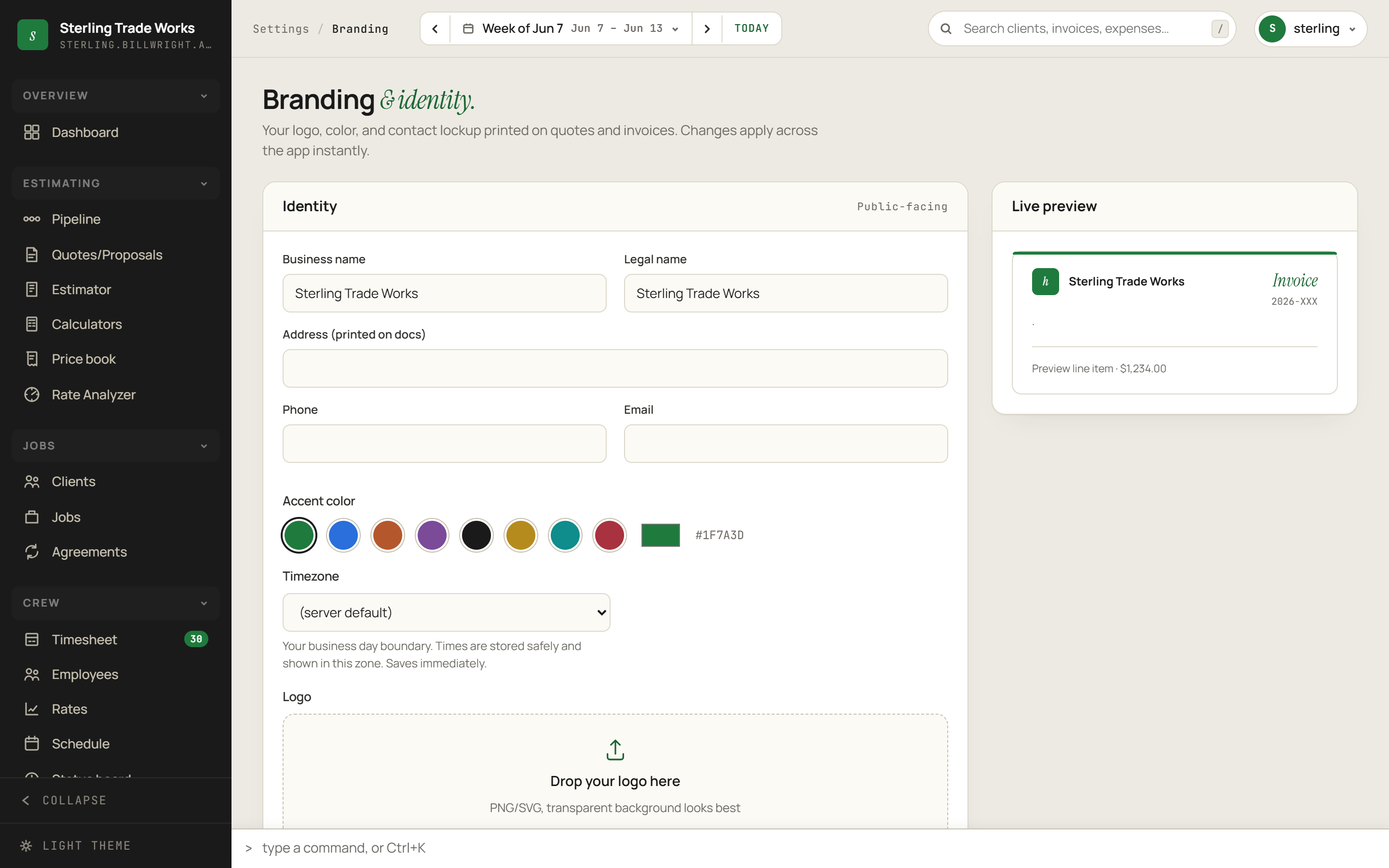 Branding screen in billWright