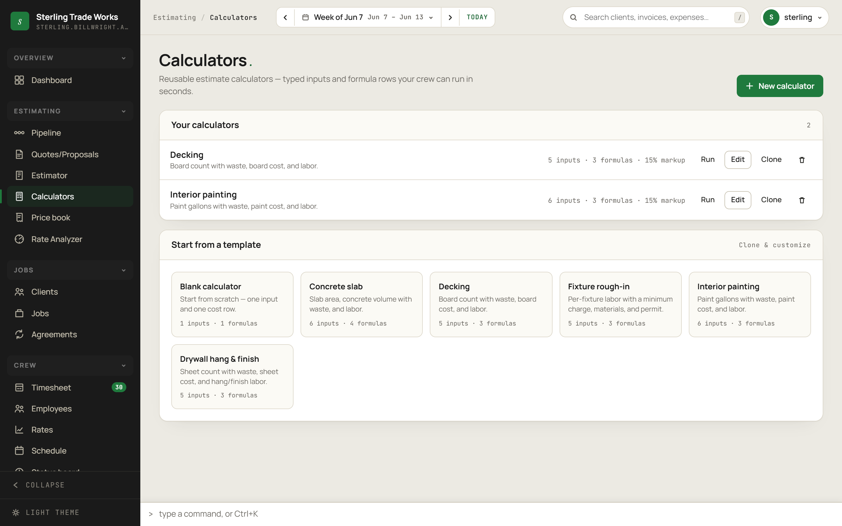 Calculators screen in billWright