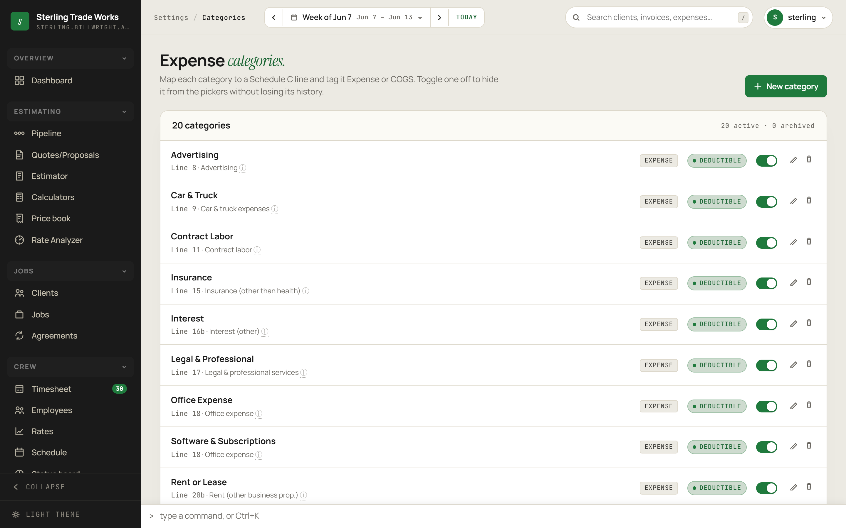 Categories screen in billWright