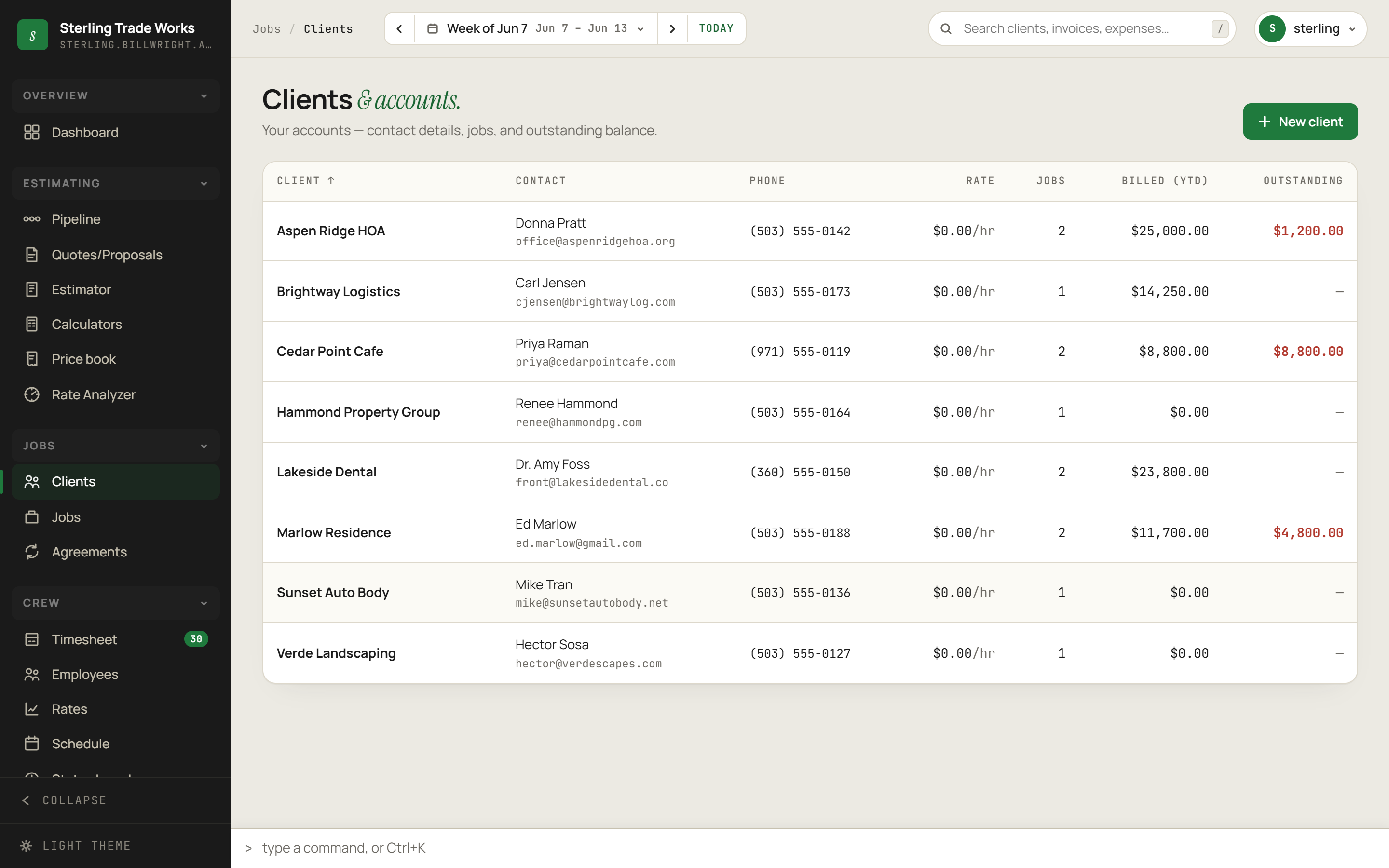 Clients screen in billWright