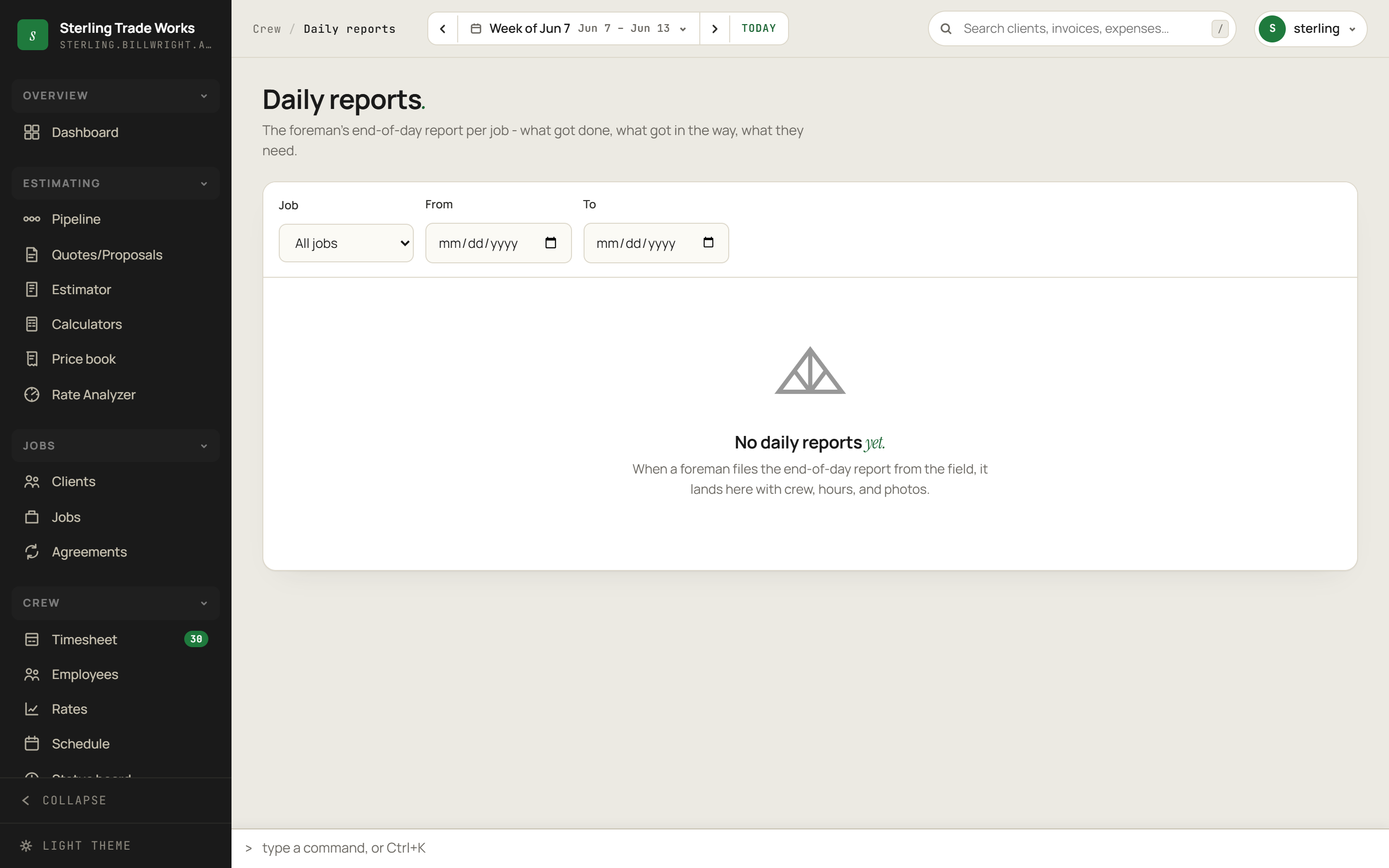 Daily Reports screen in billWright