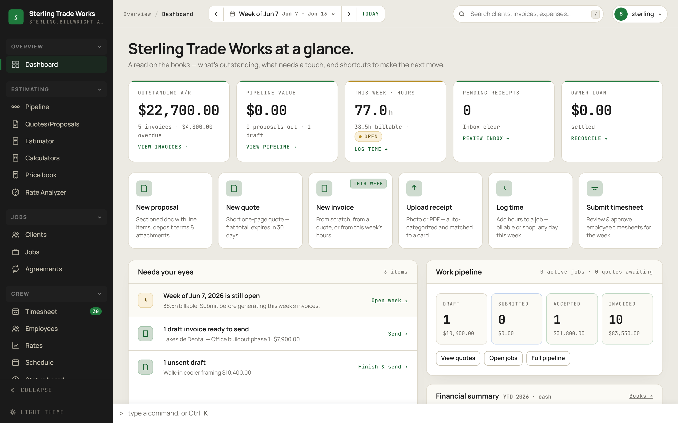 Dashboard screen in billWright