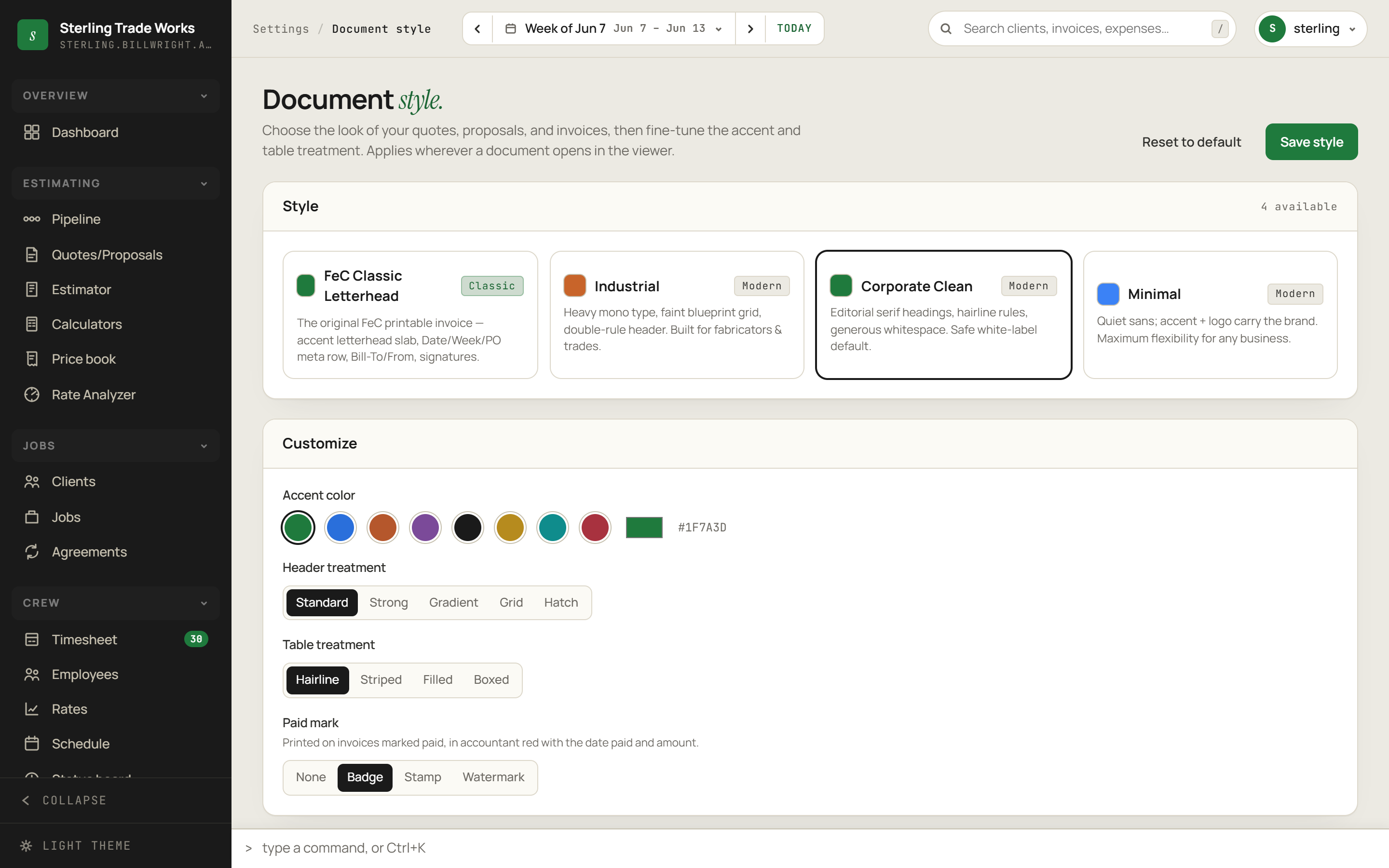Document Style screen in billWright