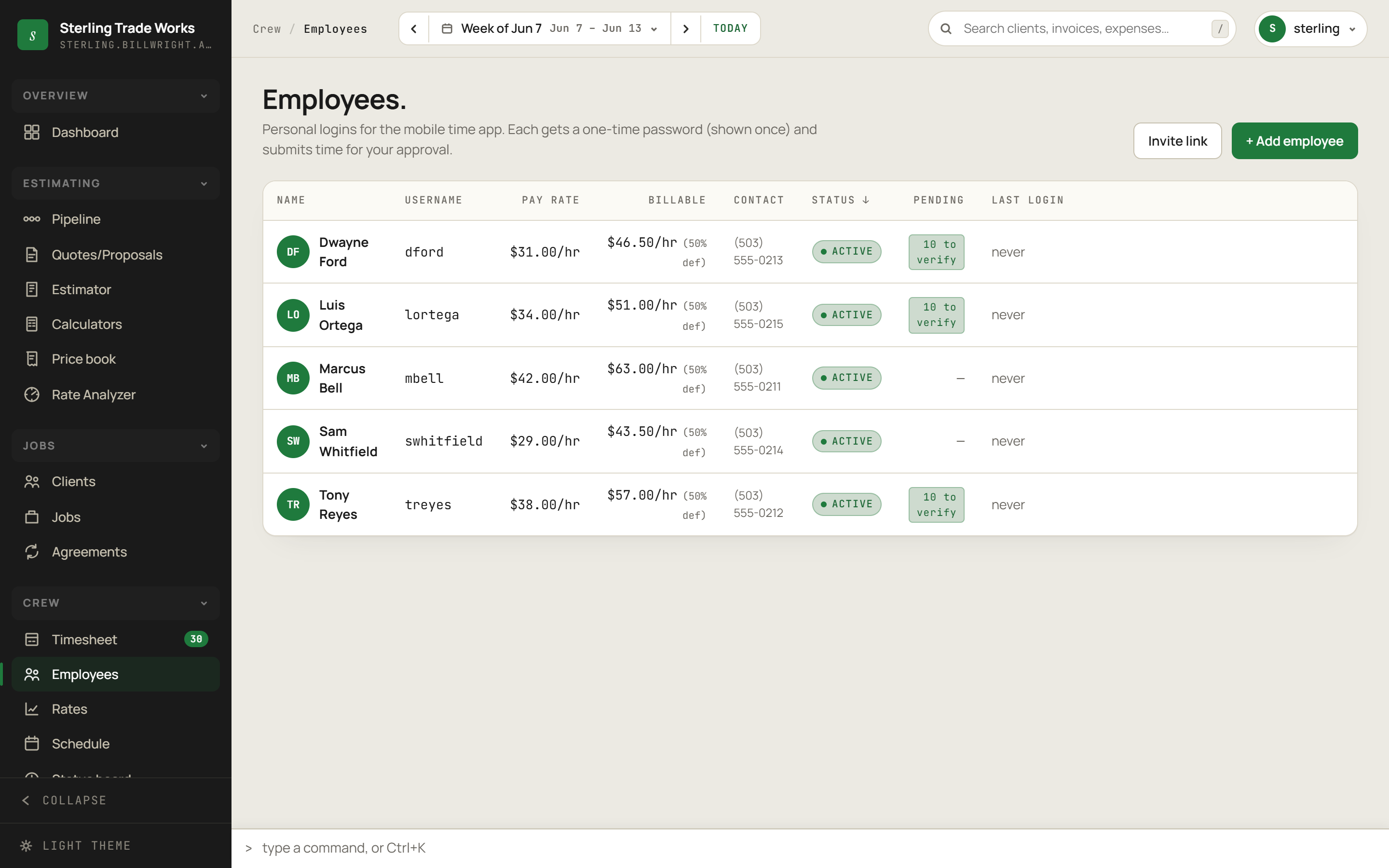 Employees screen in billWright