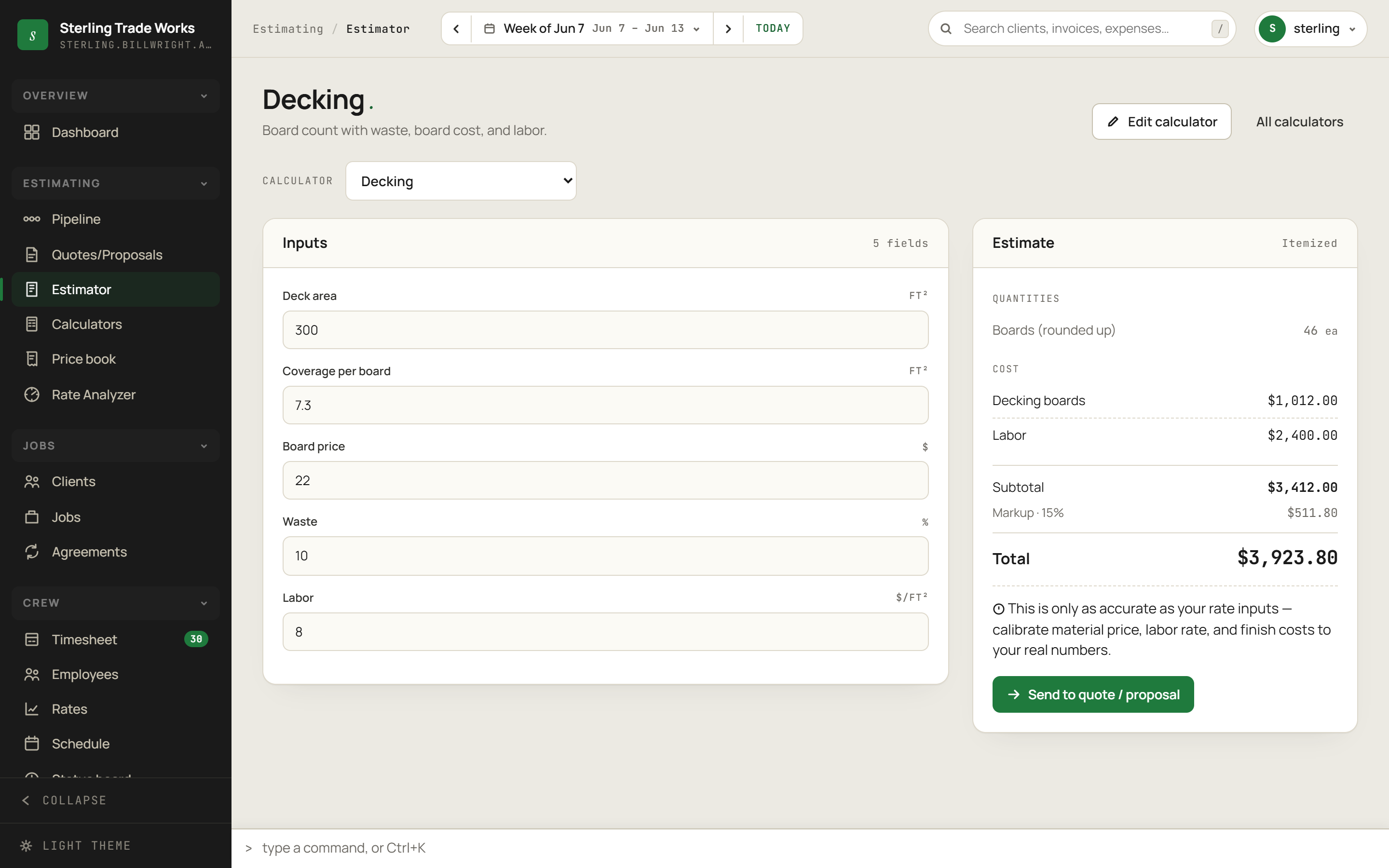 Estimator screen in billWright
