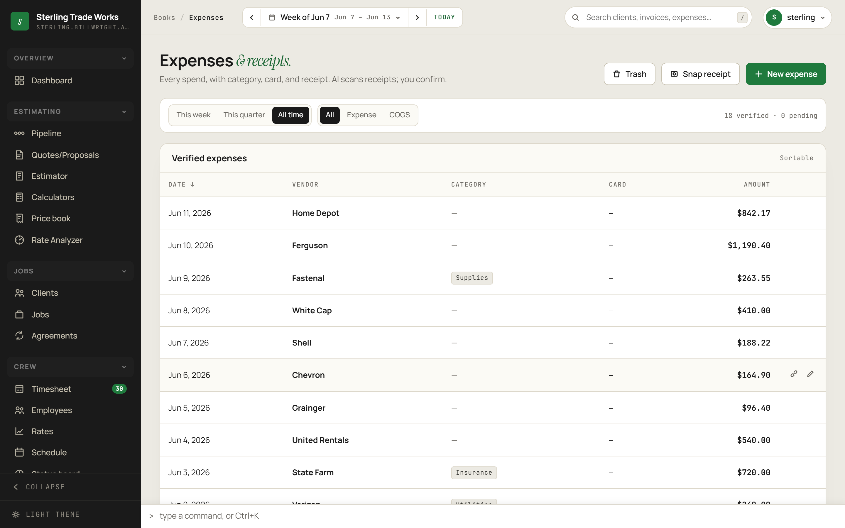 Expenses screen in billWright