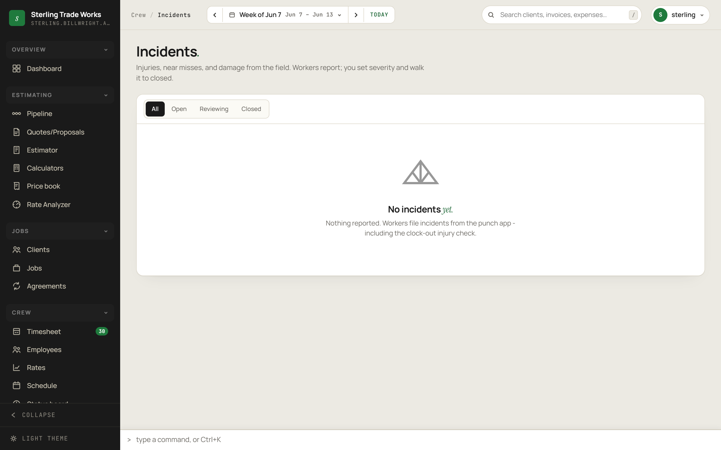 Incidents screen in billWright