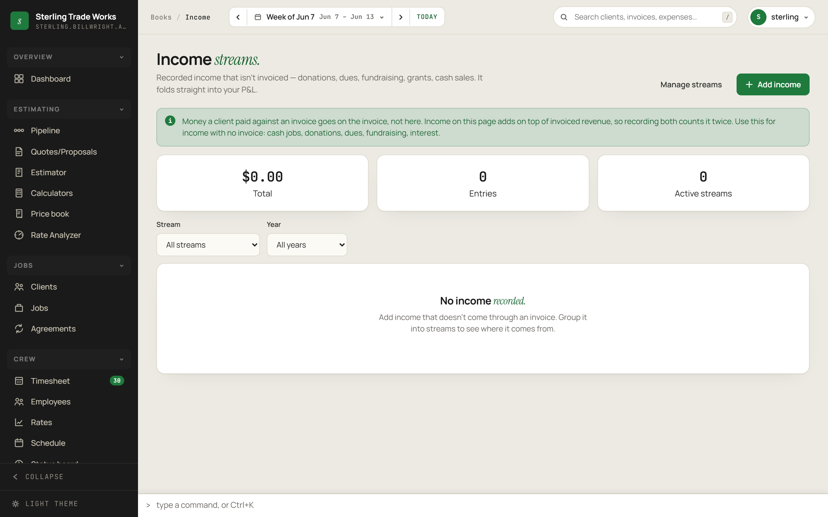 Income screen in billWright
