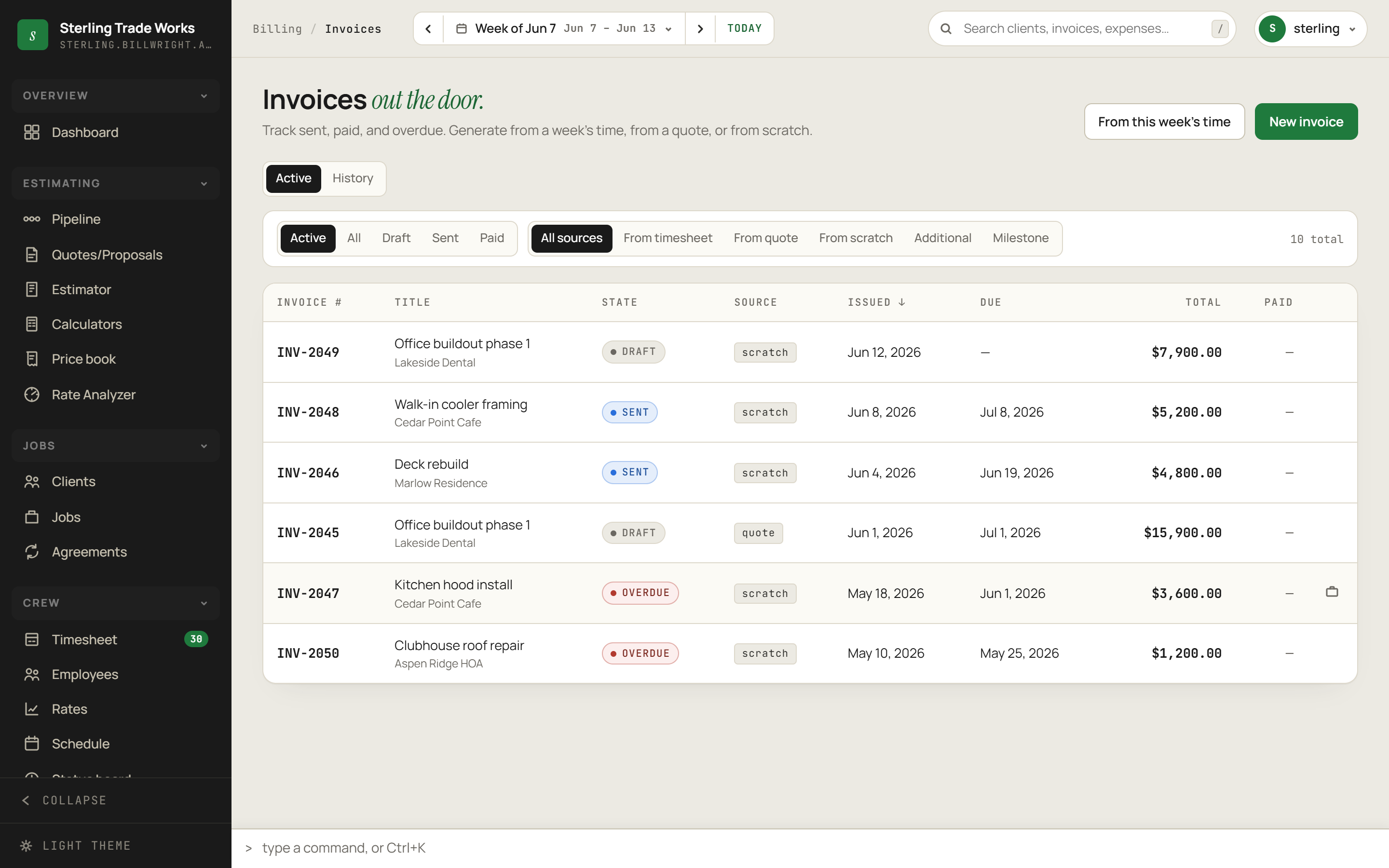 Invoices screen in billWright