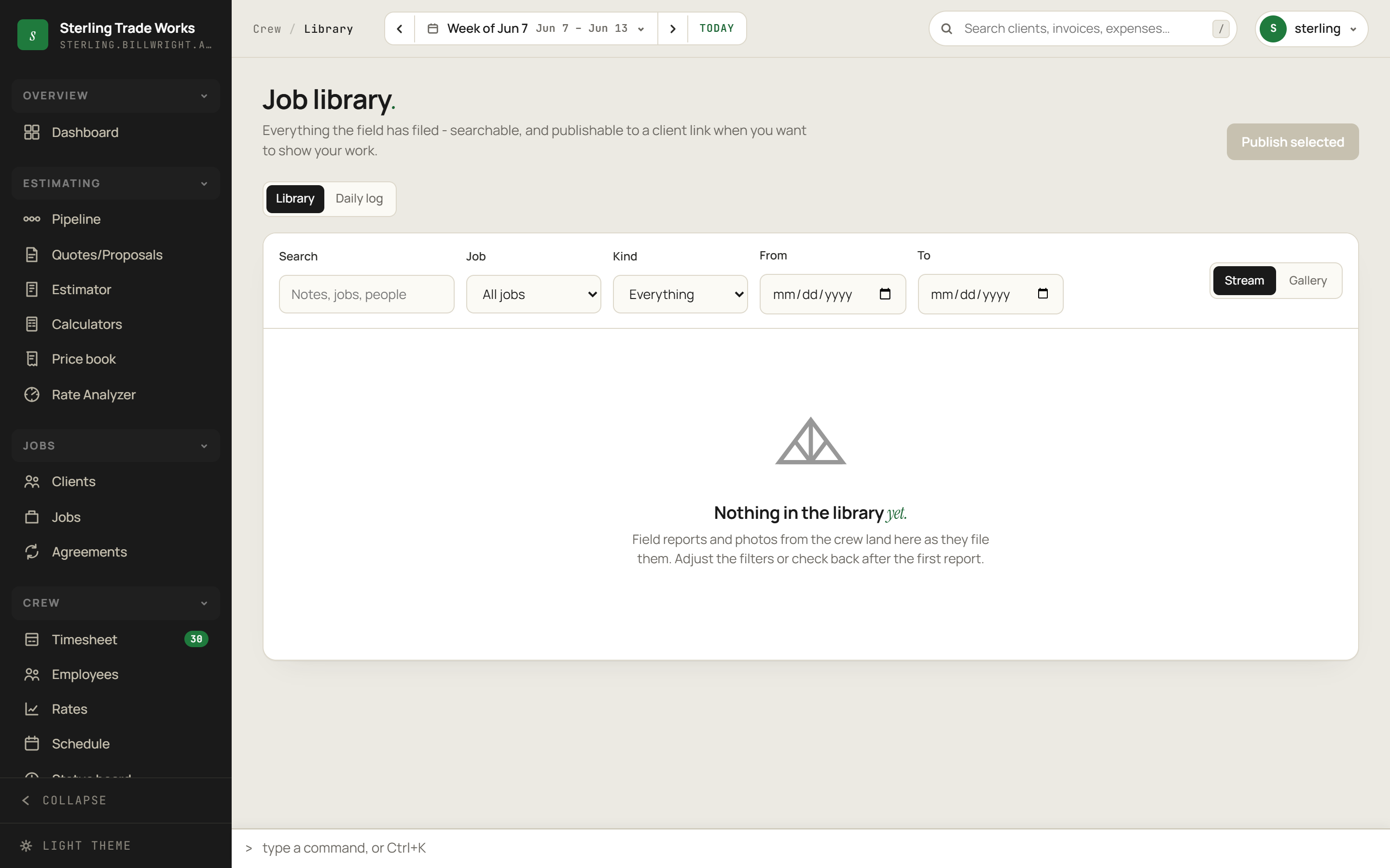 Library screen in billWright