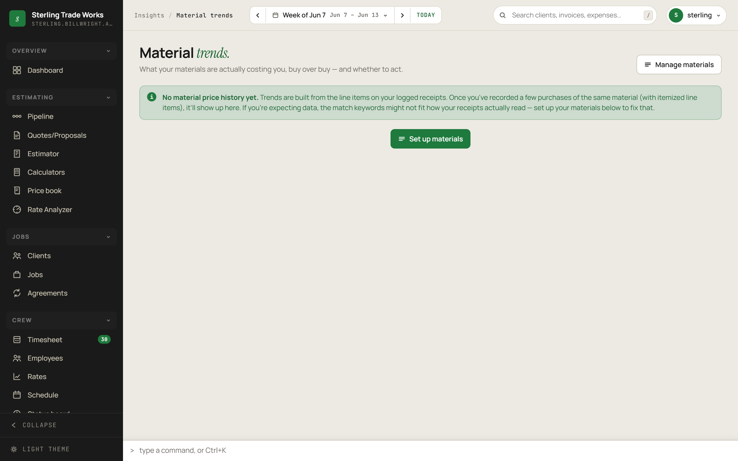 Material Trends screen in billWright