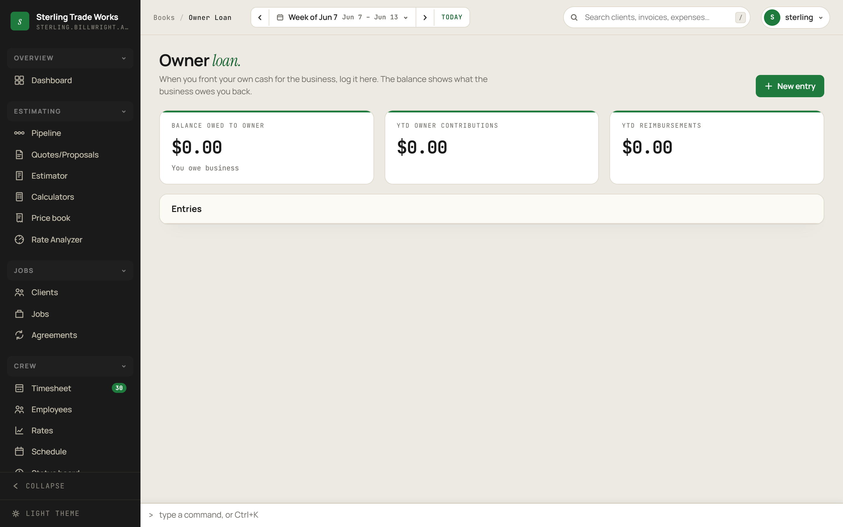 Owner Loan screen in billWright