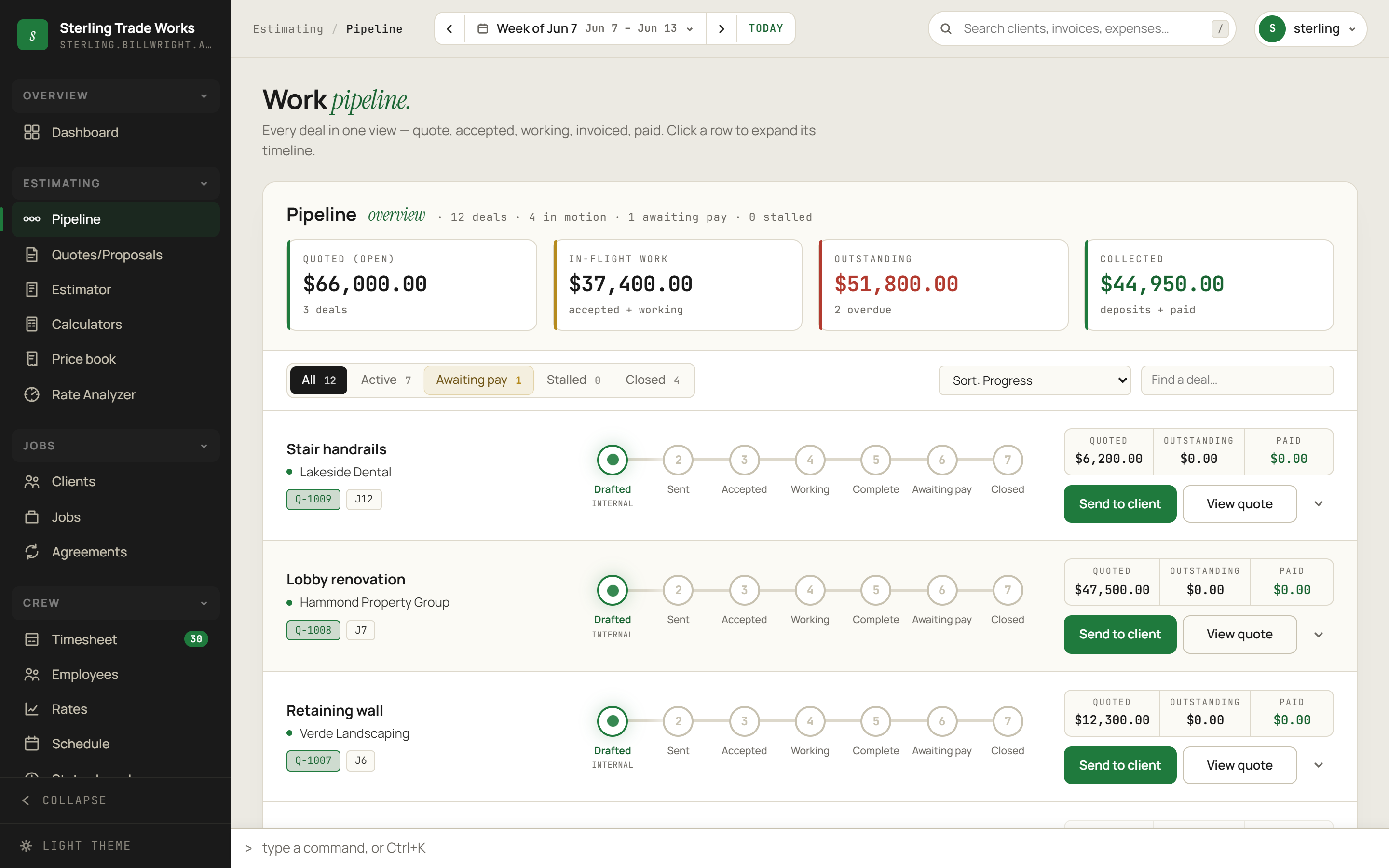 Pipeline screen in billWright