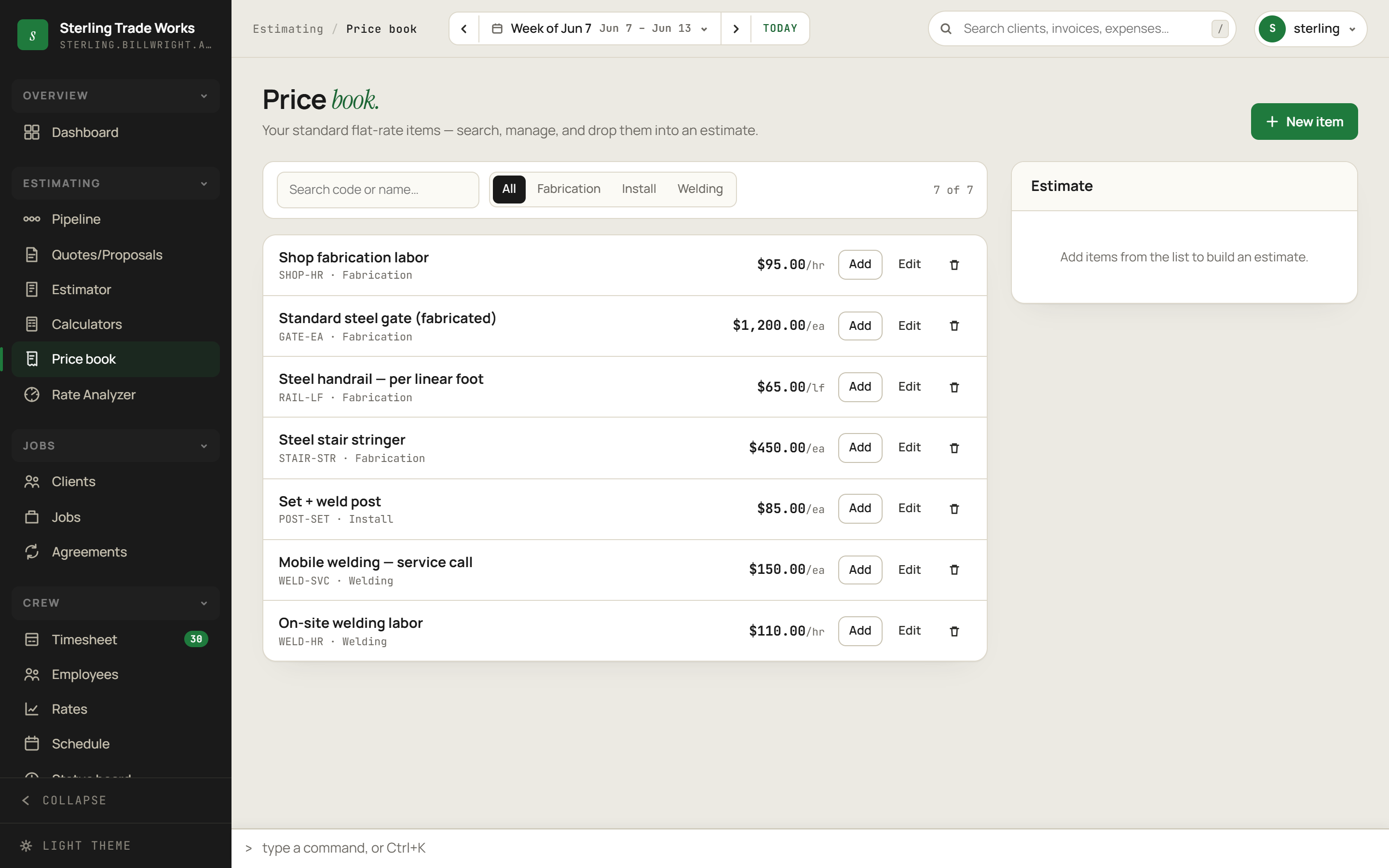 Price Book screen in billWright