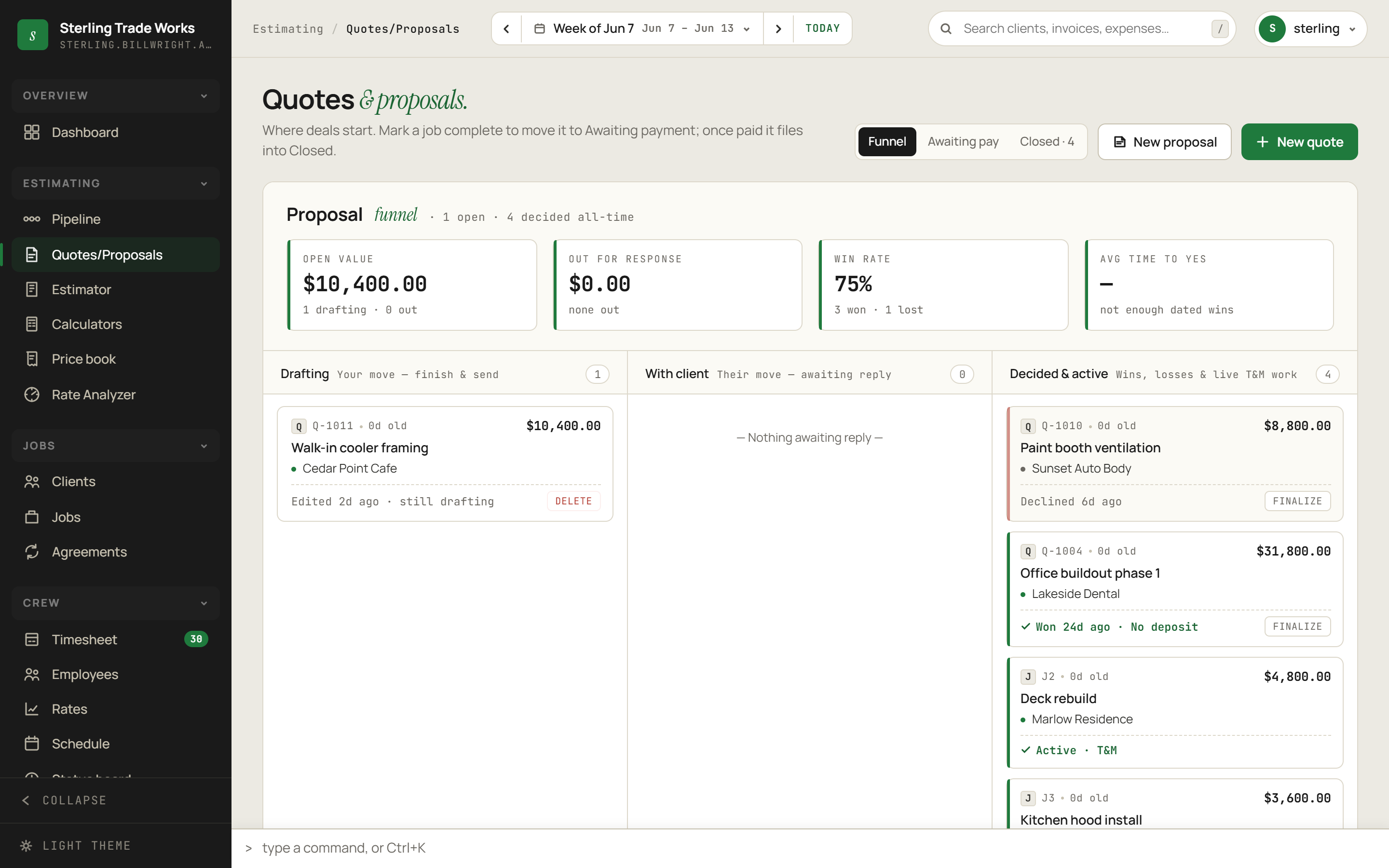 Quotes and Proposals screen in billWright
