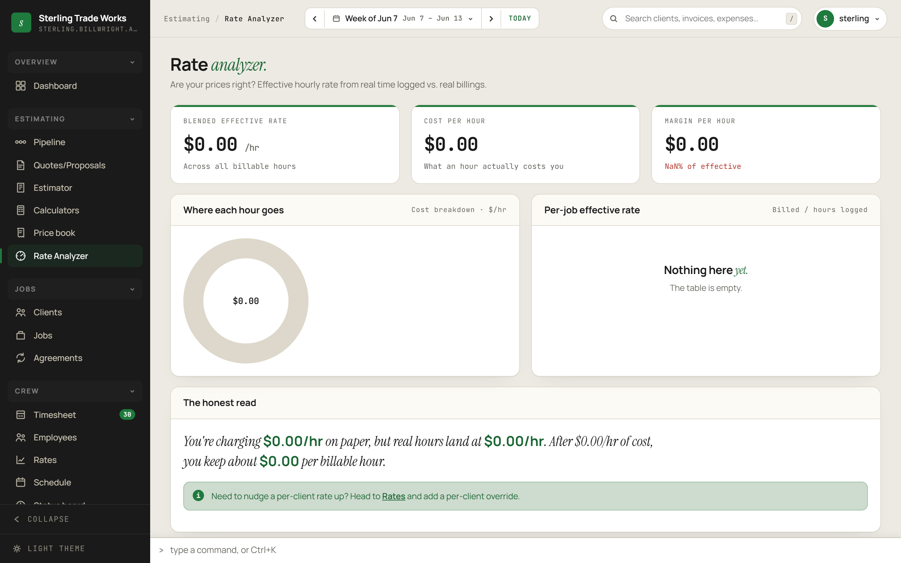 Rate Analyzer screen in billWright