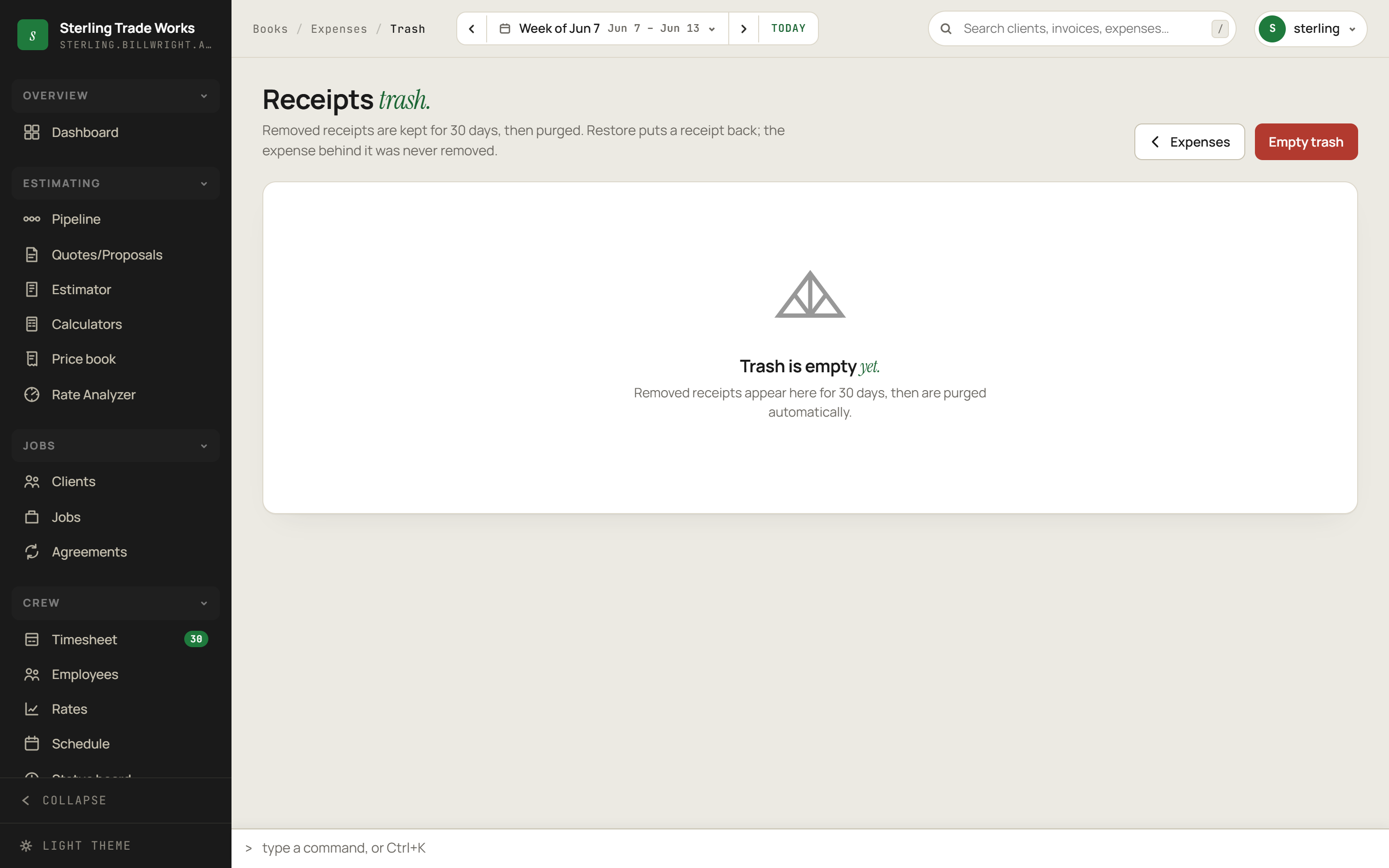 Receipt Trash screen in billWright