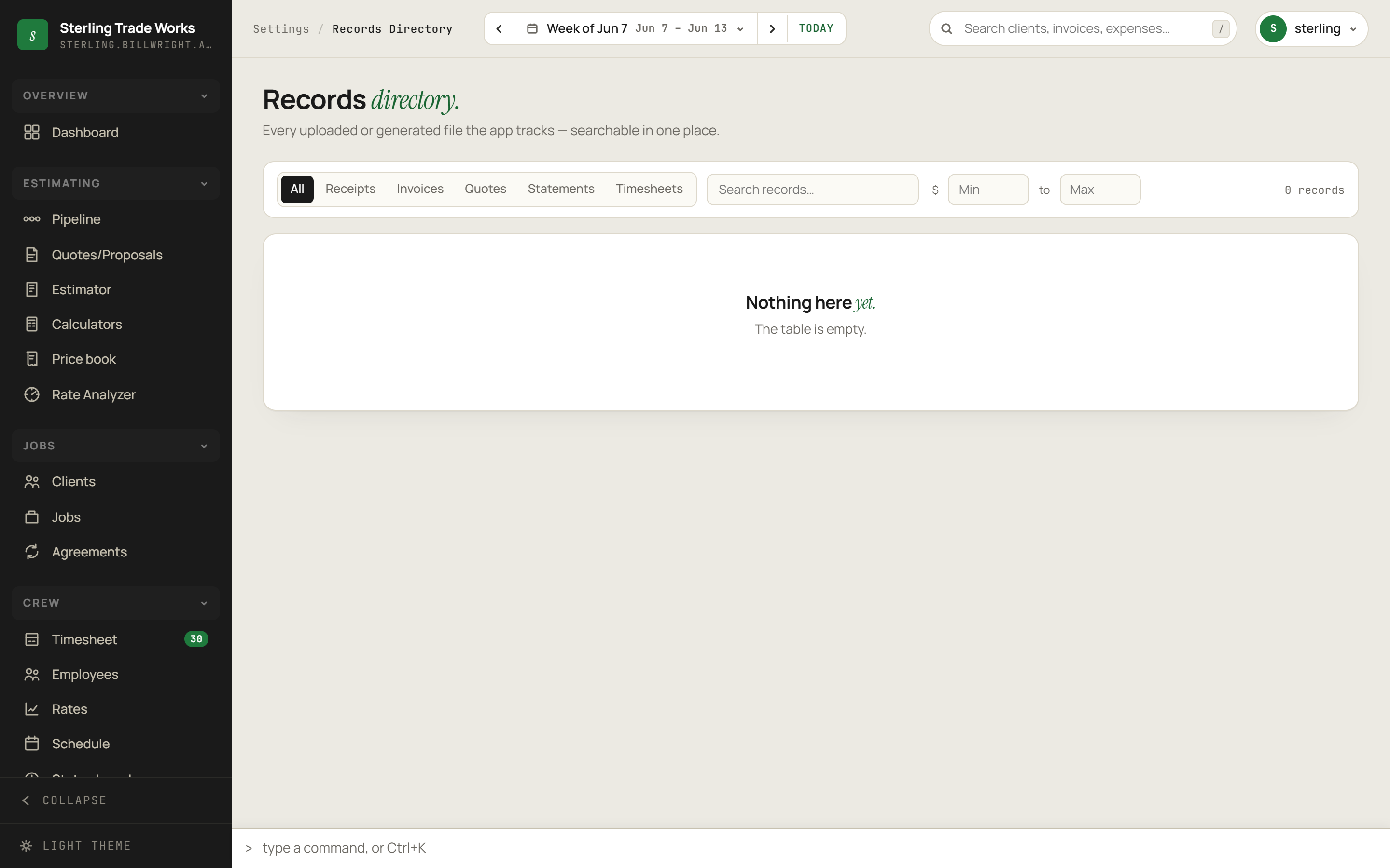 Records Directory screen in billWright