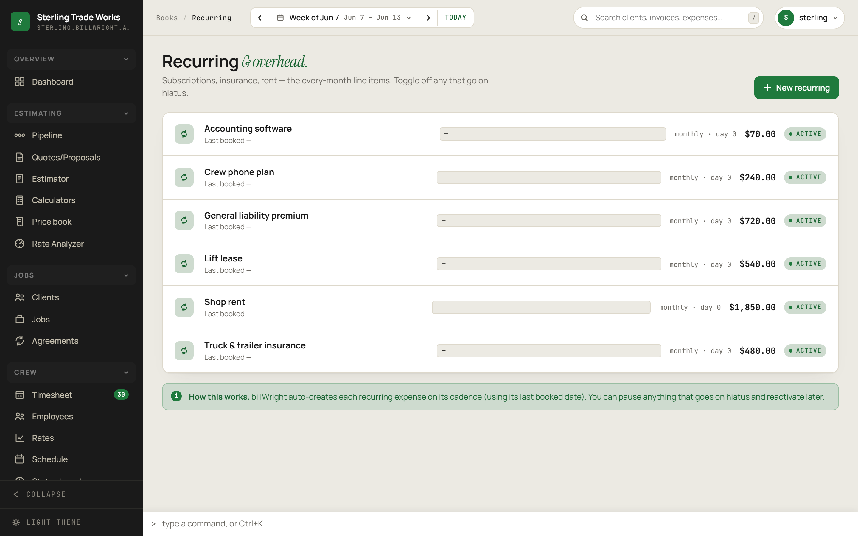 Recurring screen in billWright