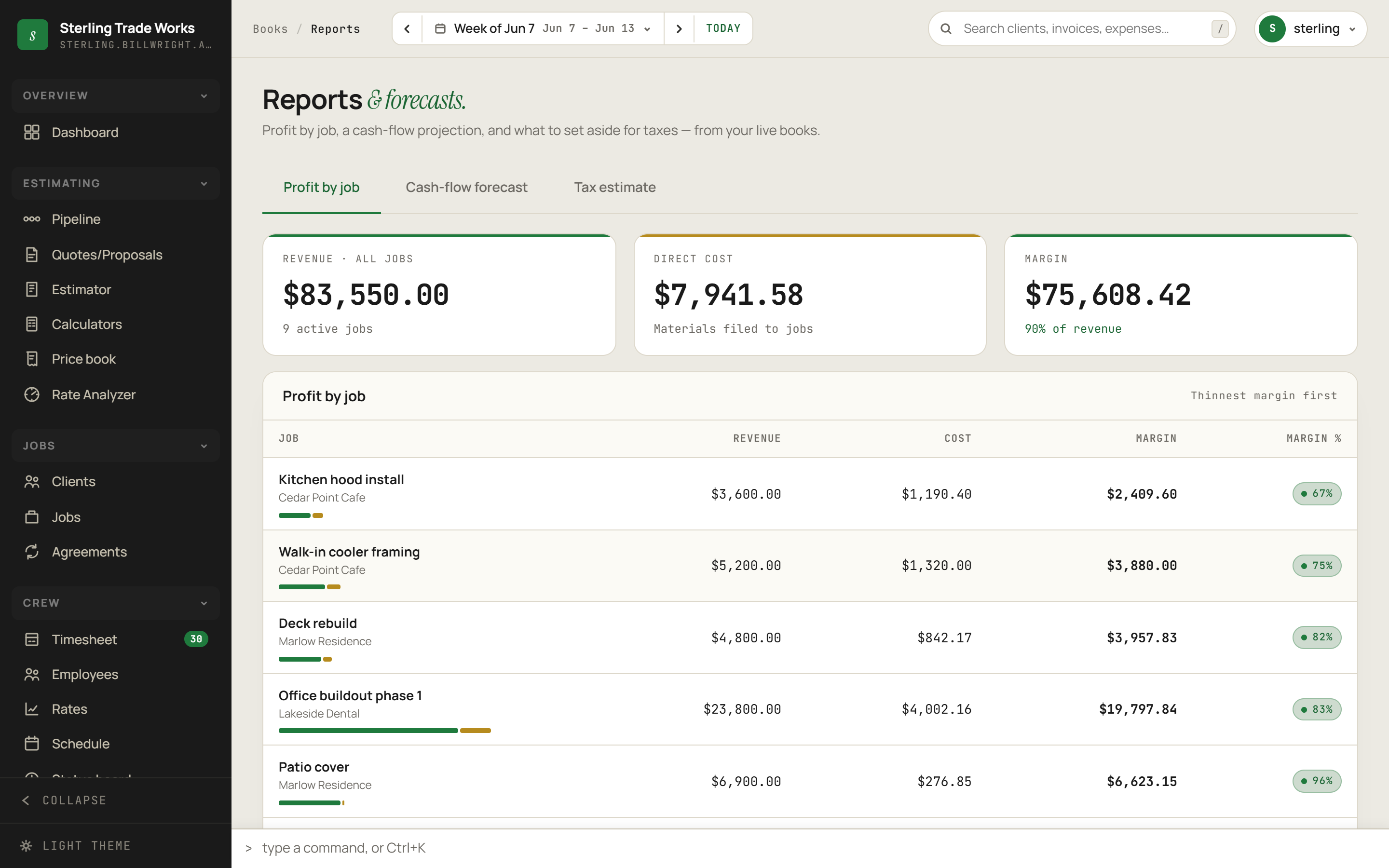 Reports screen in billWright