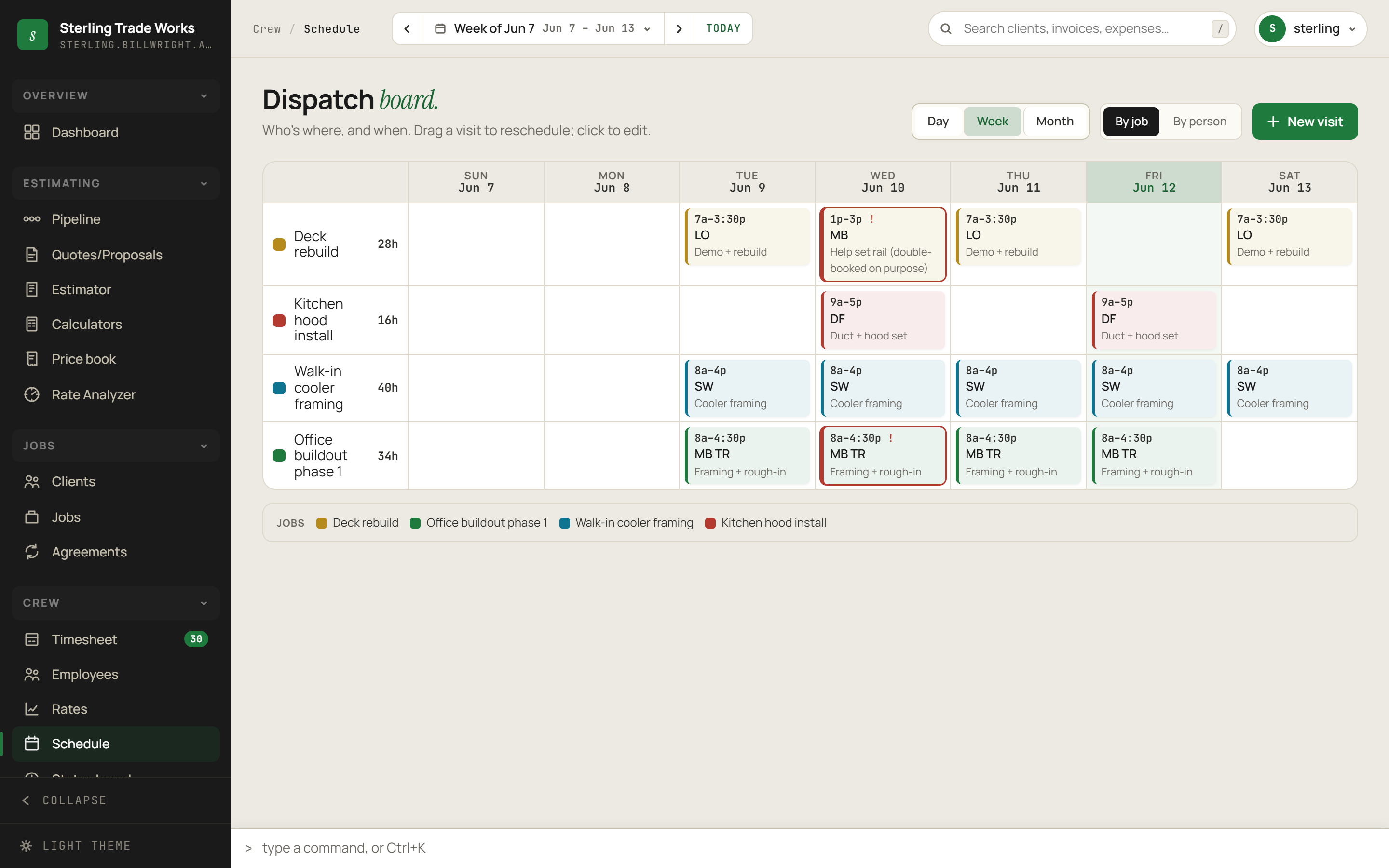 Schedule screen in billWright