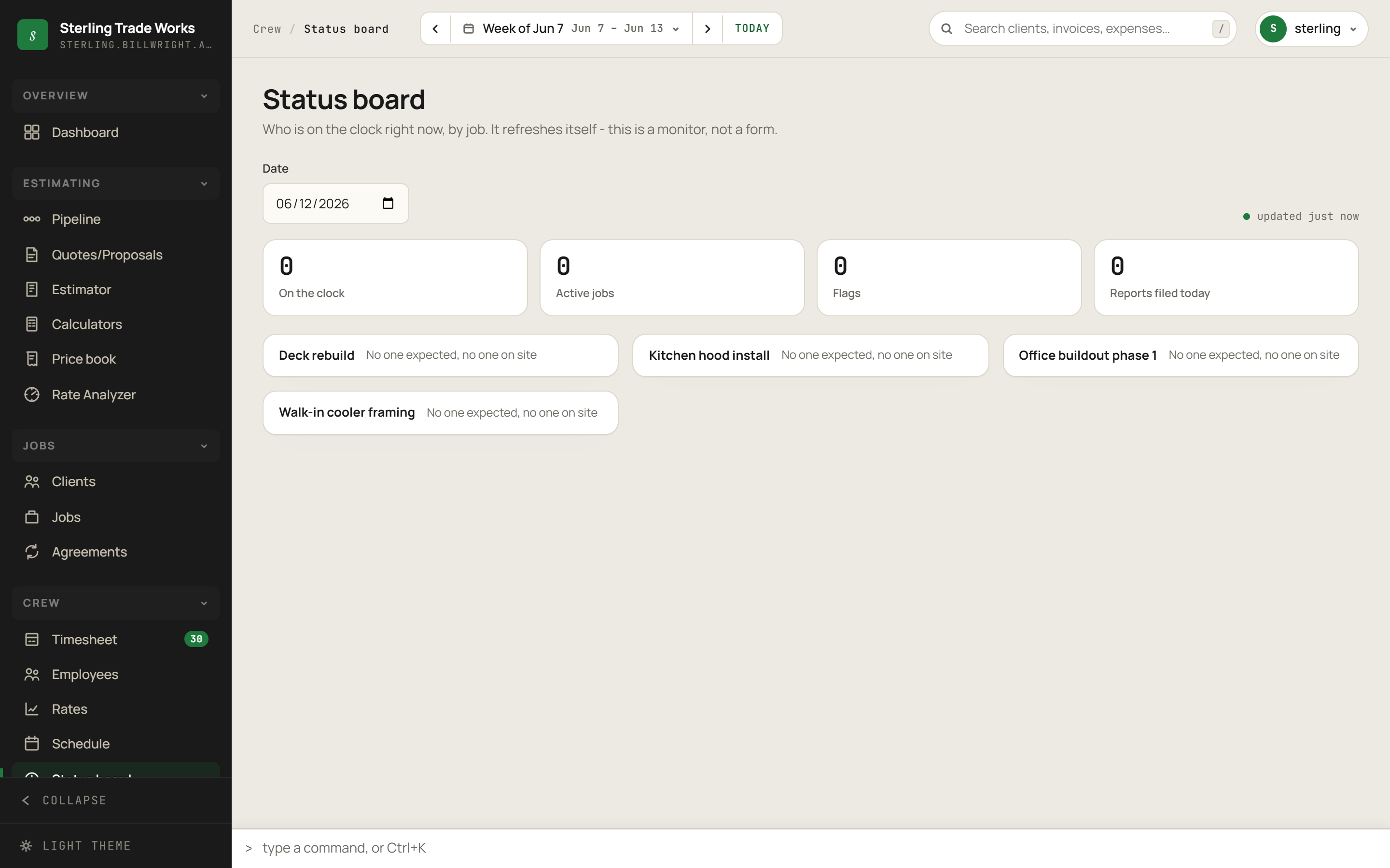 Status Board screen in billWright