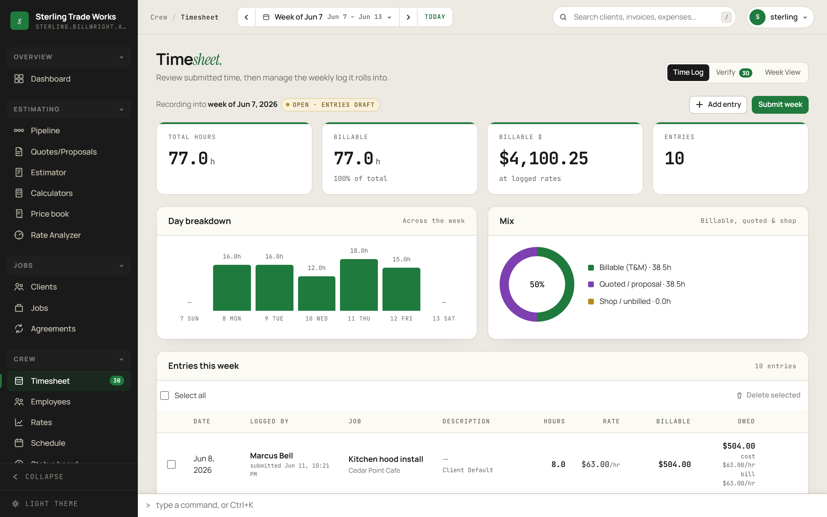 Timesheet screen in billWright
