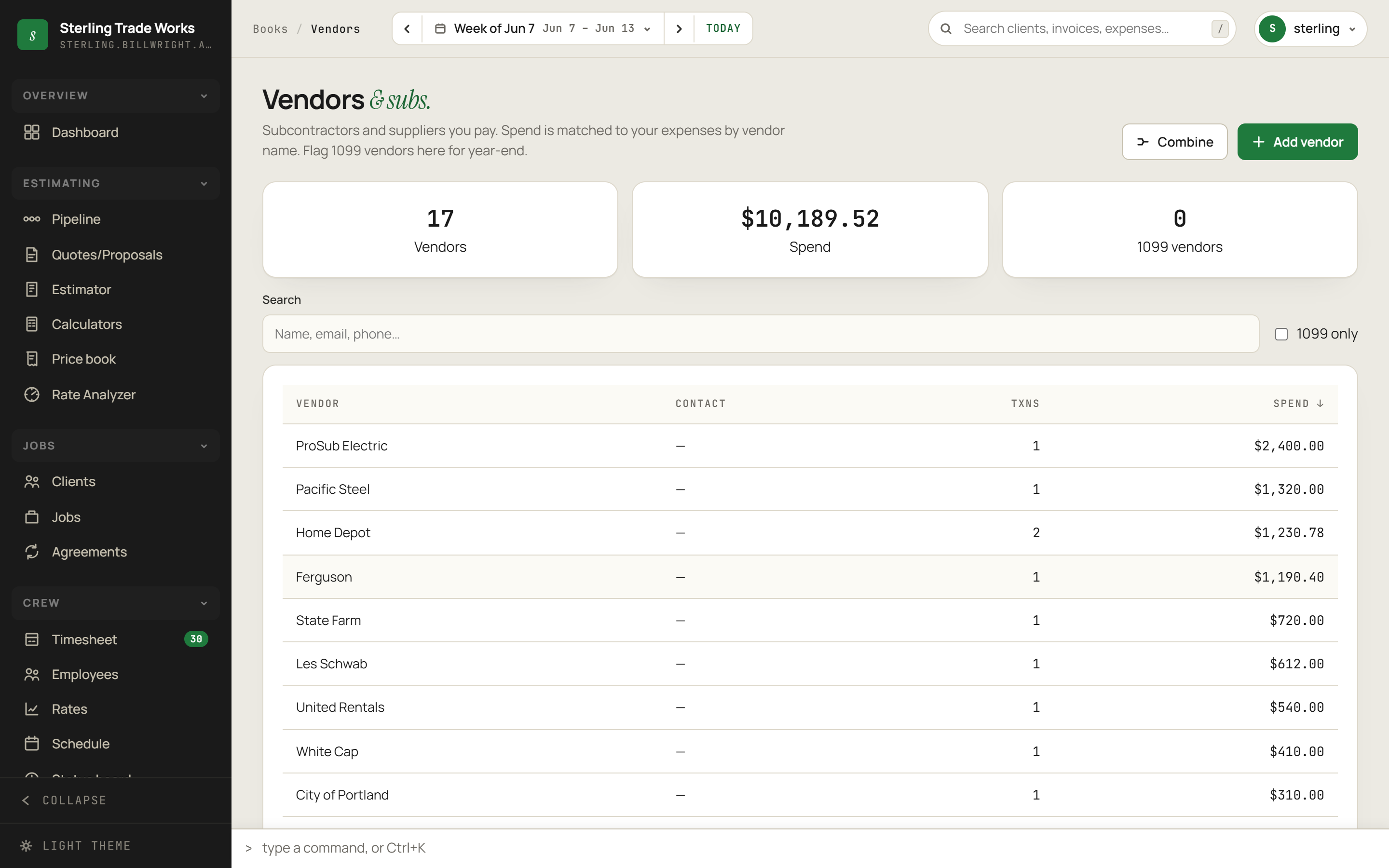 Vendors screen in billWright